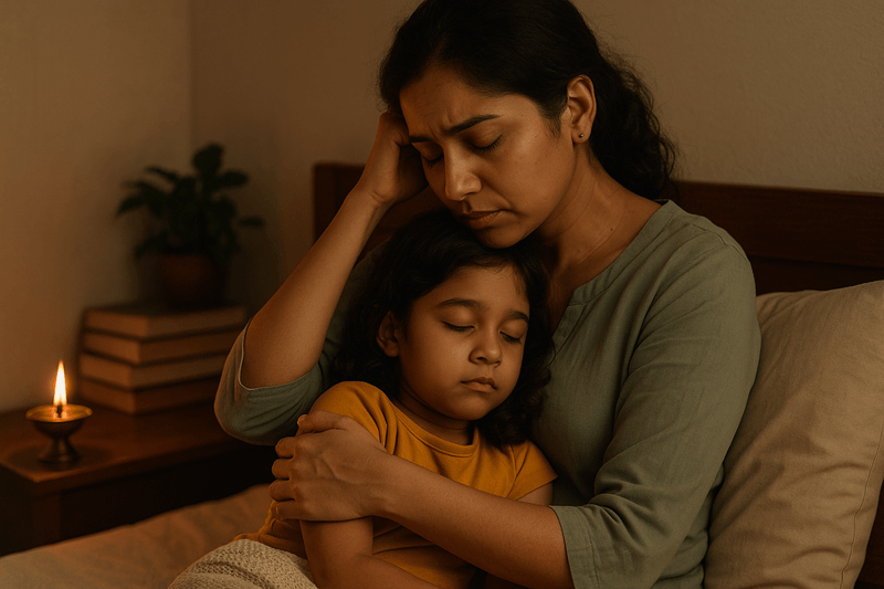 A South Asian mother holding her child in dim light with a diya glowing nearby