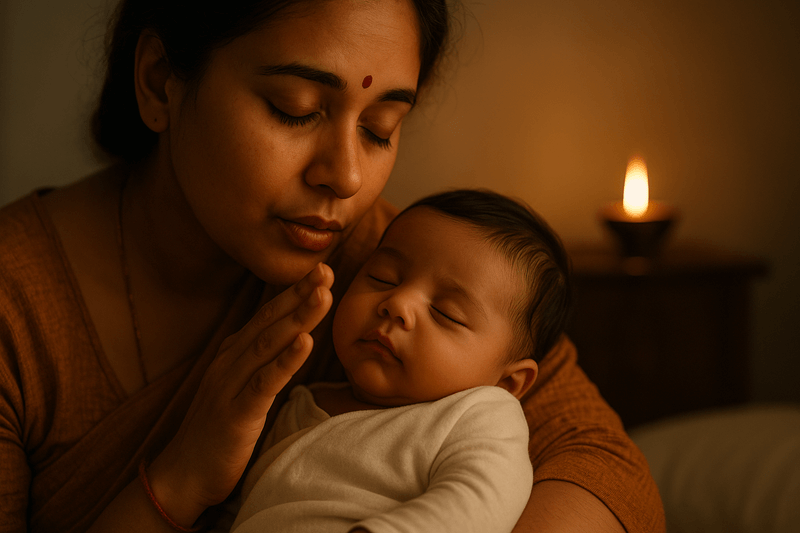 A warm, serene image of a mother holding a sleeping baby with an oil lamp glowing in the background