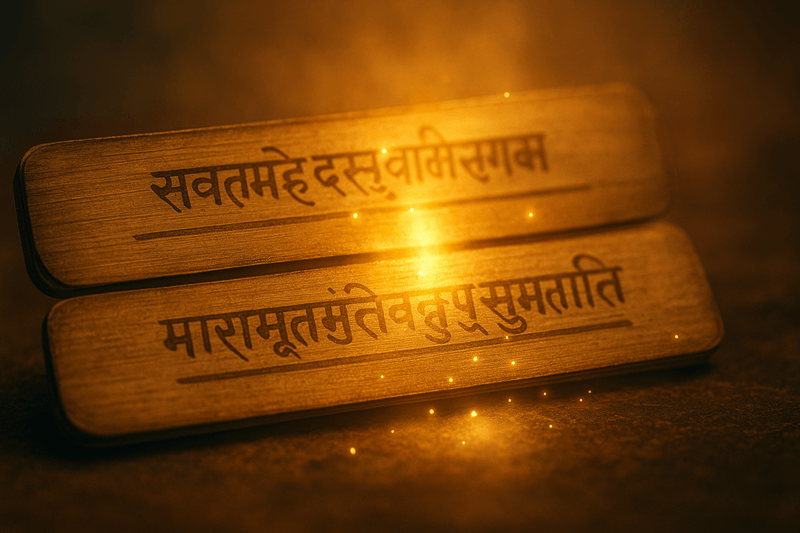 Palm leaf manuscript with glowing Sanskrit script representing Vedic knowledge.