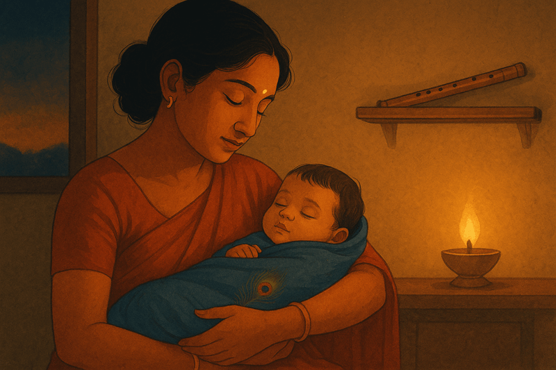 Asian mother gently rocking her baby at dusk