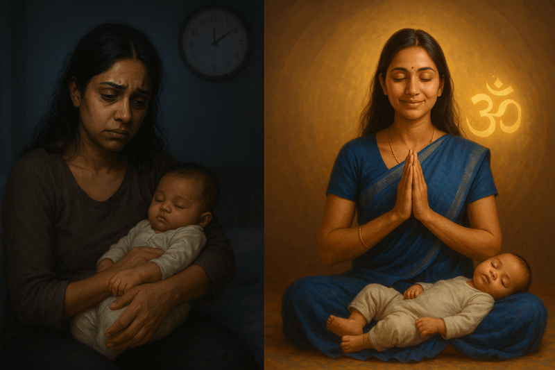 soft-focus image of a tired mother at night, then a second image of the same mother peaceful while chanting to a calm baby