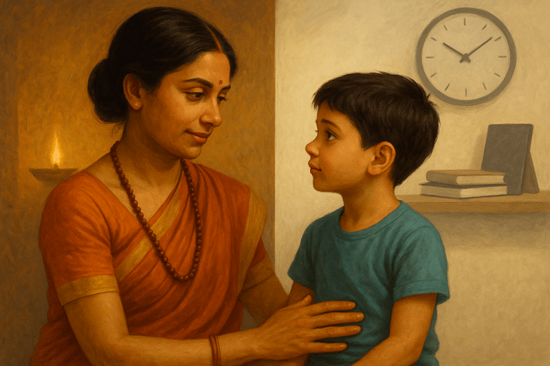 South Asian mother and child showing contrast between Vedic and modern parenting styles