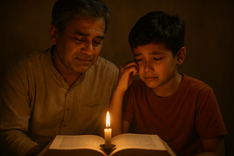 Indian father comforting child in candlelight – emotional reflection of Vedic parenting.