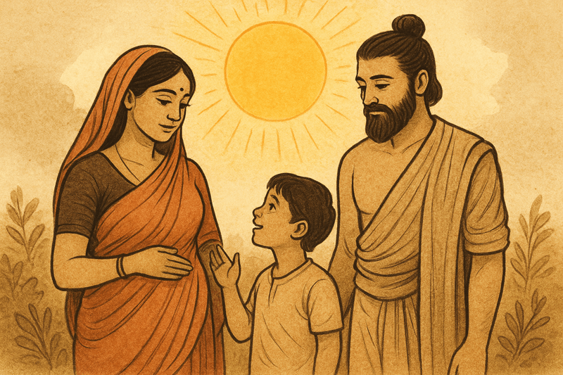 Indian mother, father, and child together under sun – symbol of divine parenting energies.